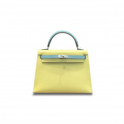 HERMÈS KELLY 28 EPSOM CHICK YELLOW AND MACARON BLUE SILVER BUCKLE (28*22*10cm) 